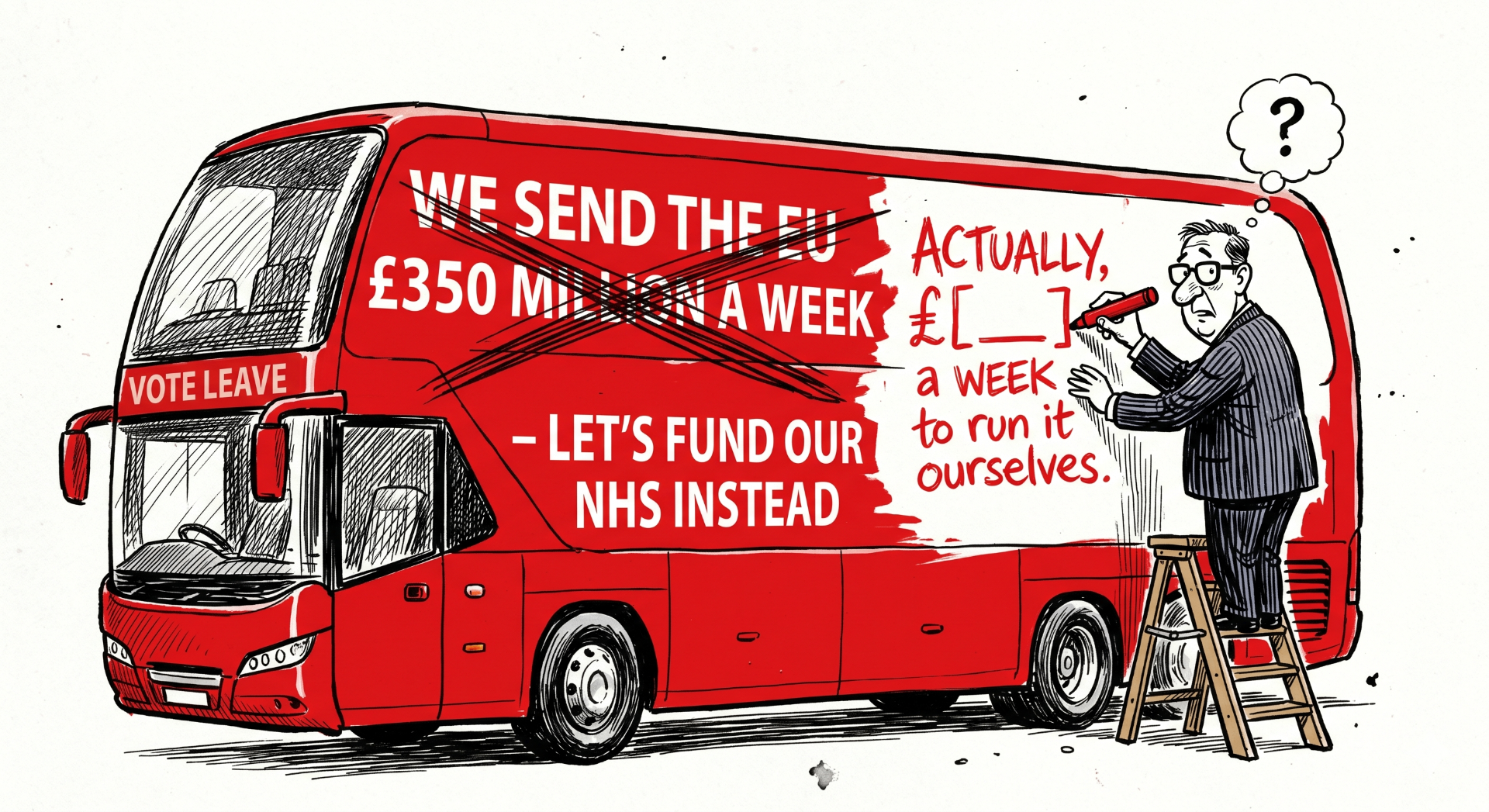 A bureaucrat on a stepladder crossing out the Vote Leave bus's '£350 million a week' slogan and writing 'Actually, £[__] a week to run it ourselves.'
