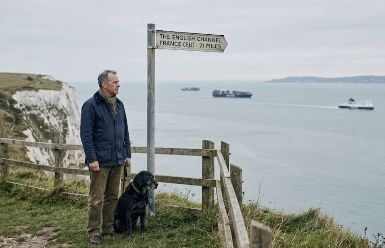 A man and his dog at a clifftop signpost reading 'The English Channel — France (EU) 21 miles', with freight ships crossing the water.