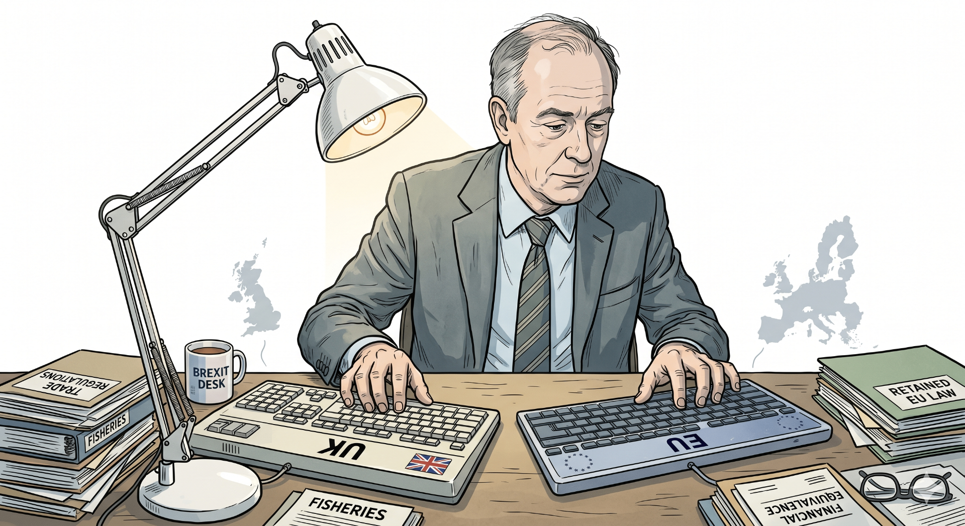 A weary banker at a desk typing on two keyboards labelled UK and EU, flanked by stacks of Trade Regulations, Fisheries, Retained EU Law and Financial Equivalence files.