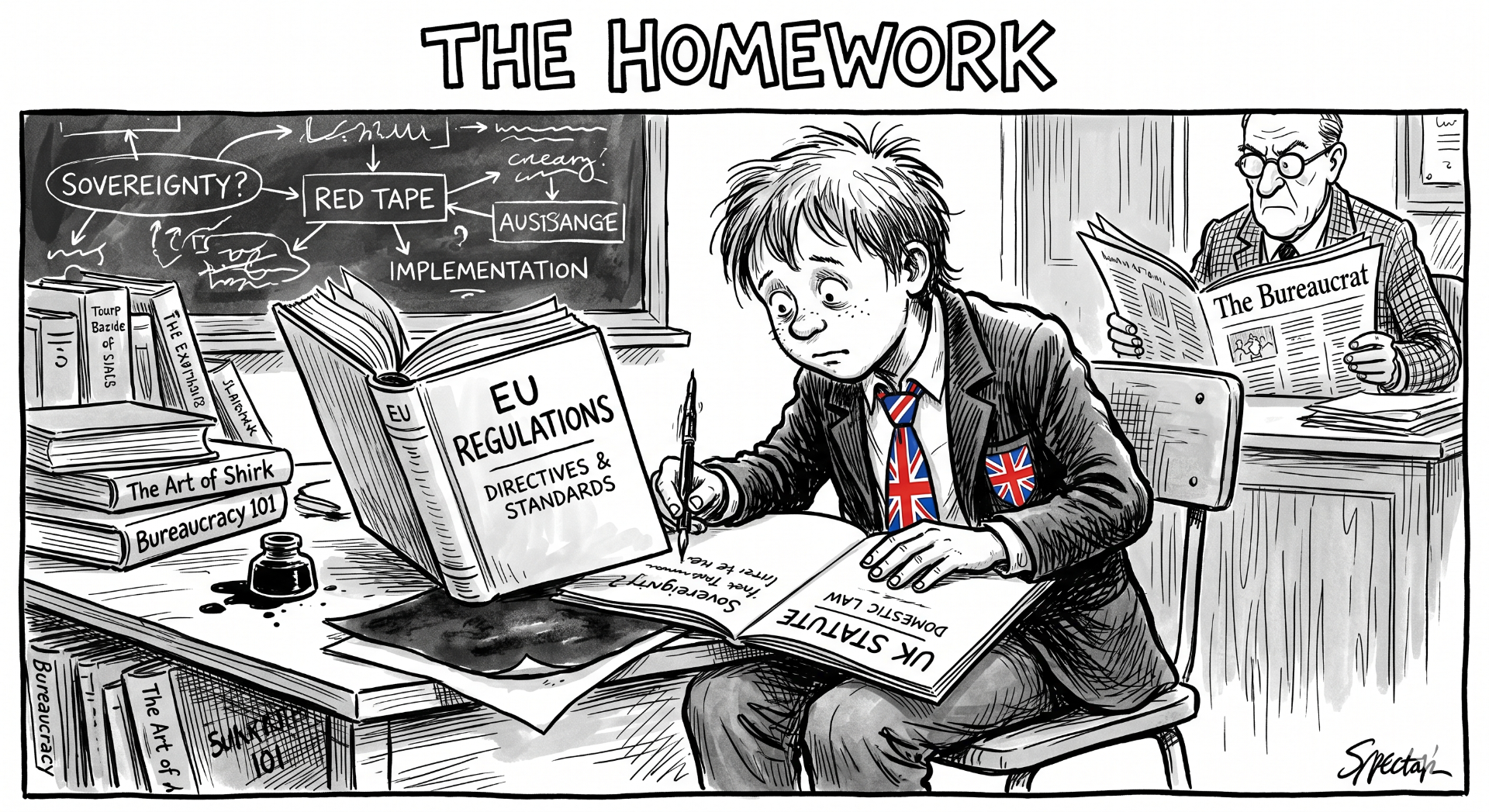 A schoolboy in a Union Jack tie copying from a heavy 'EU Regulations — Directives & Standards' textbook into a 'UK Statute — Domestic Law' exercise book, watched by a stern bureaucrat reading The Bureaucrat newspaper.